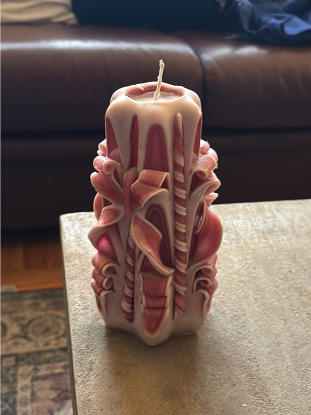 Hand-Carved Decorative Pink and Cream Carved Candle